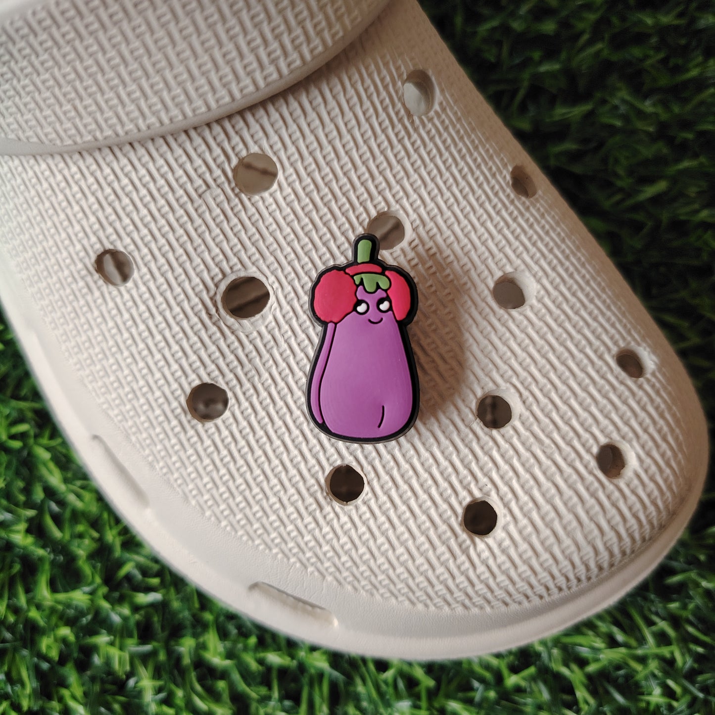 Cute Aubergine wearing ear muffs Croc Charm